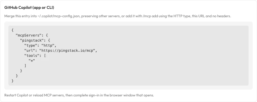 Pingstack’s GitHub Copilot setup panel showing an HTTP MCP server configuration with the hosted endpoint and no Authorization header.
