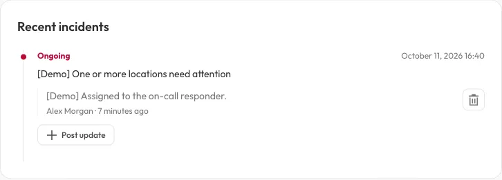 An ongoing demo incident with an authored update, its timestamp and a Post update button.