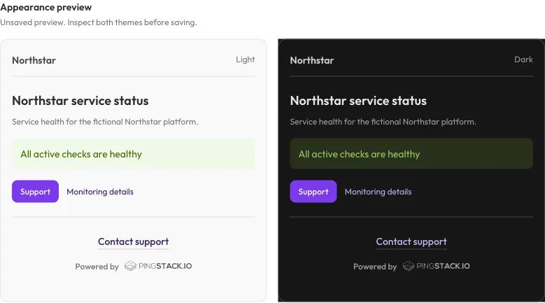 Public branding appearance preview showing the same fictional Northstar status page in light and dark themes.