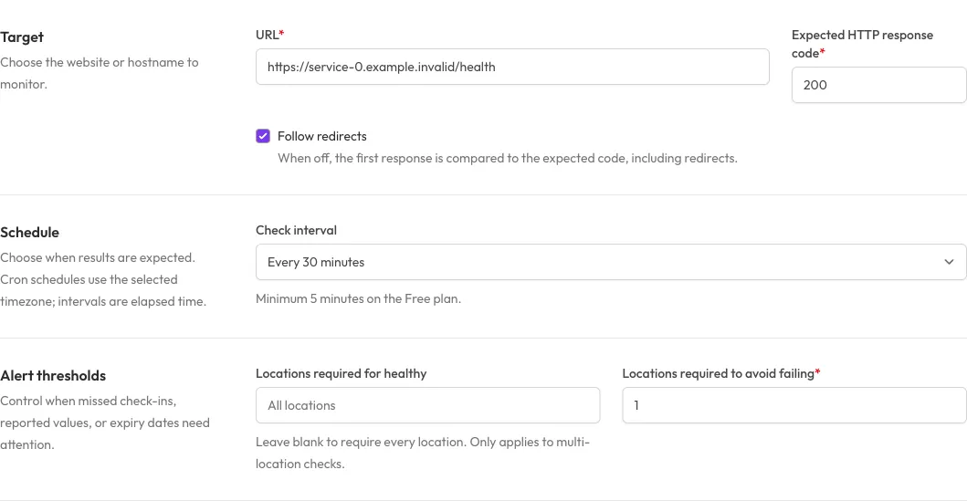 Website check settings with an example URL, expected response code, redirect option, interval and location thresholds.